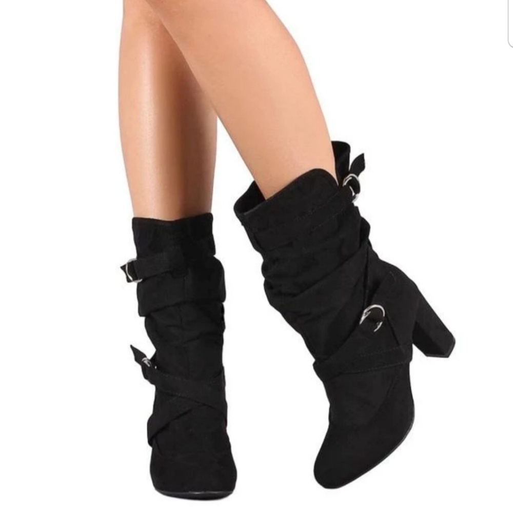 Faux Suede Buckle detail Slouch Boot - Picture 5 of 5